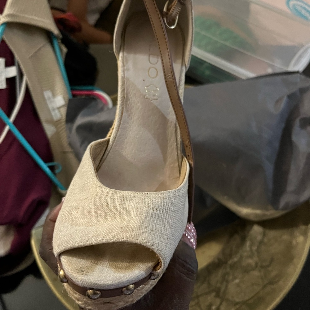 Brown and Cream Women's Peep-Toe Wedge Sandals